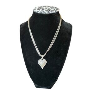 Brighton Silver Tone Triple Strand Heart Pendant Necklace Scroll Swirl Detail